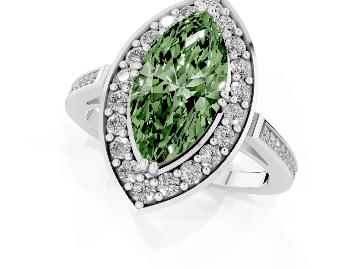 Fancy Green Marquise Cut Diamond Halo Ring with Split Shank and Four-Prong Setting Silver