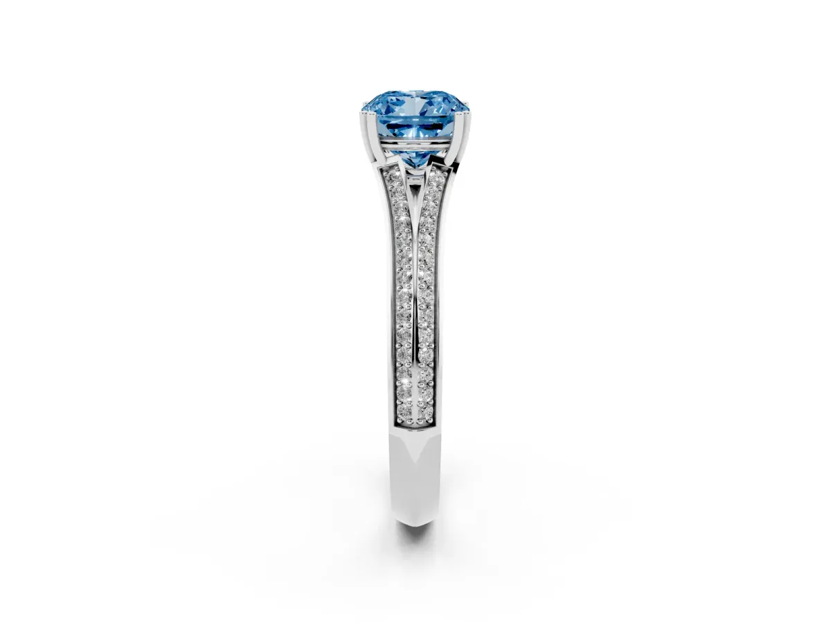 Fancy Blue Cushion Cut Diamond Split Shank Engagement Ring with Pavé Band Silver
