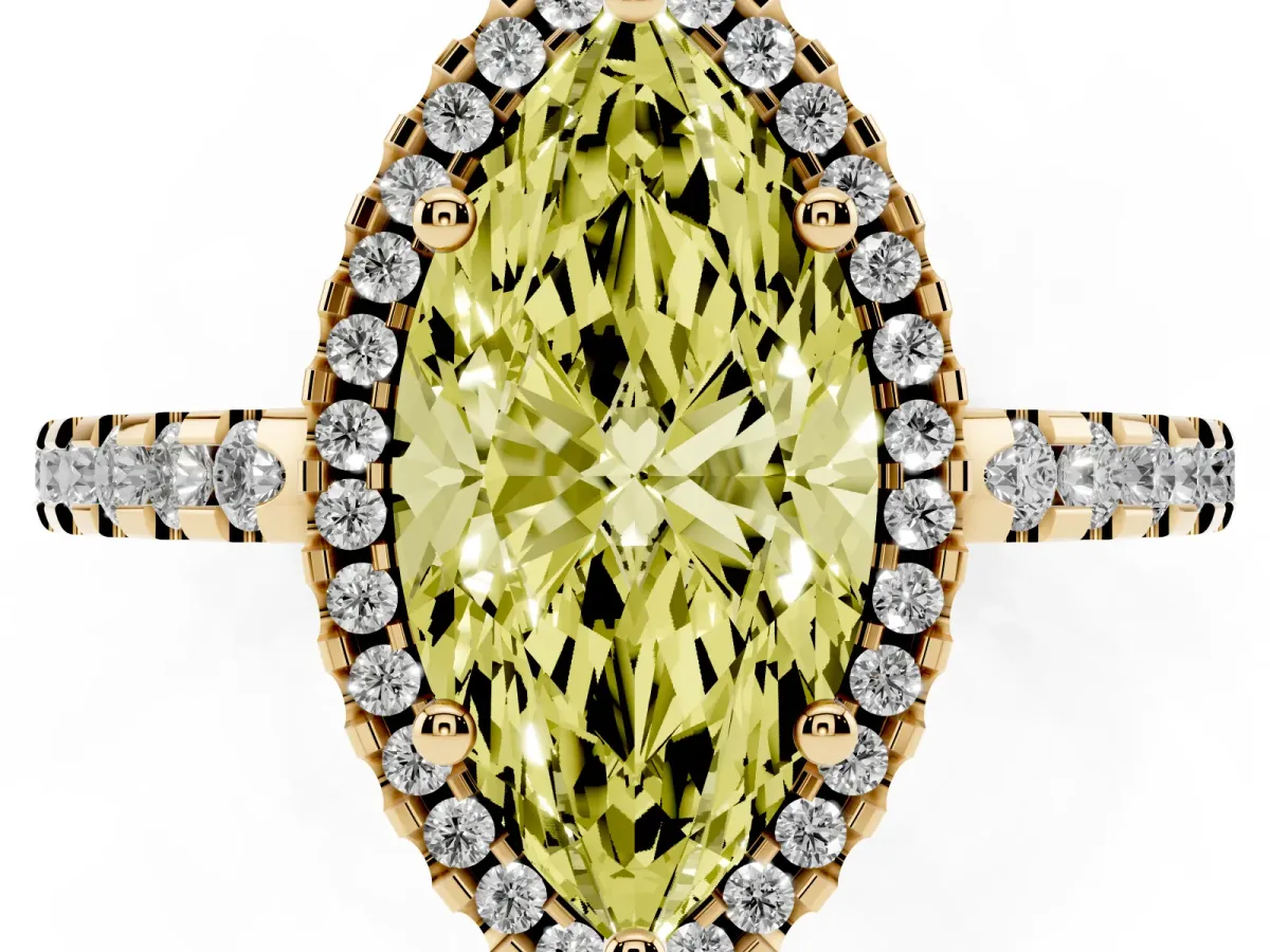 Fancy Yellow Marquise Cut Diamond Halo Engagement Ring with Pavé Band and Prong Setting Yellow gold
