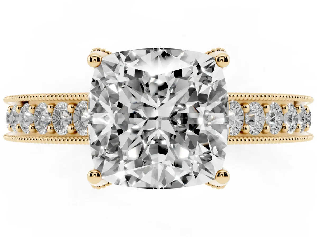 Cushion Cut Cut Diamond Solitaire Ring with Milgrain Pave Band and Four Prong Setting Yellow gold
