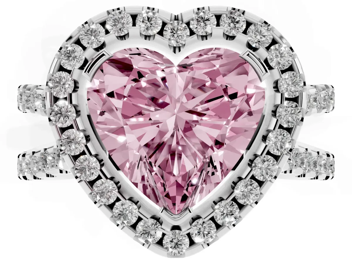 Fancy Pink Heart Cut Diamond Halo Ring with Split Shank Pavé Band and Prong Setting Silver
