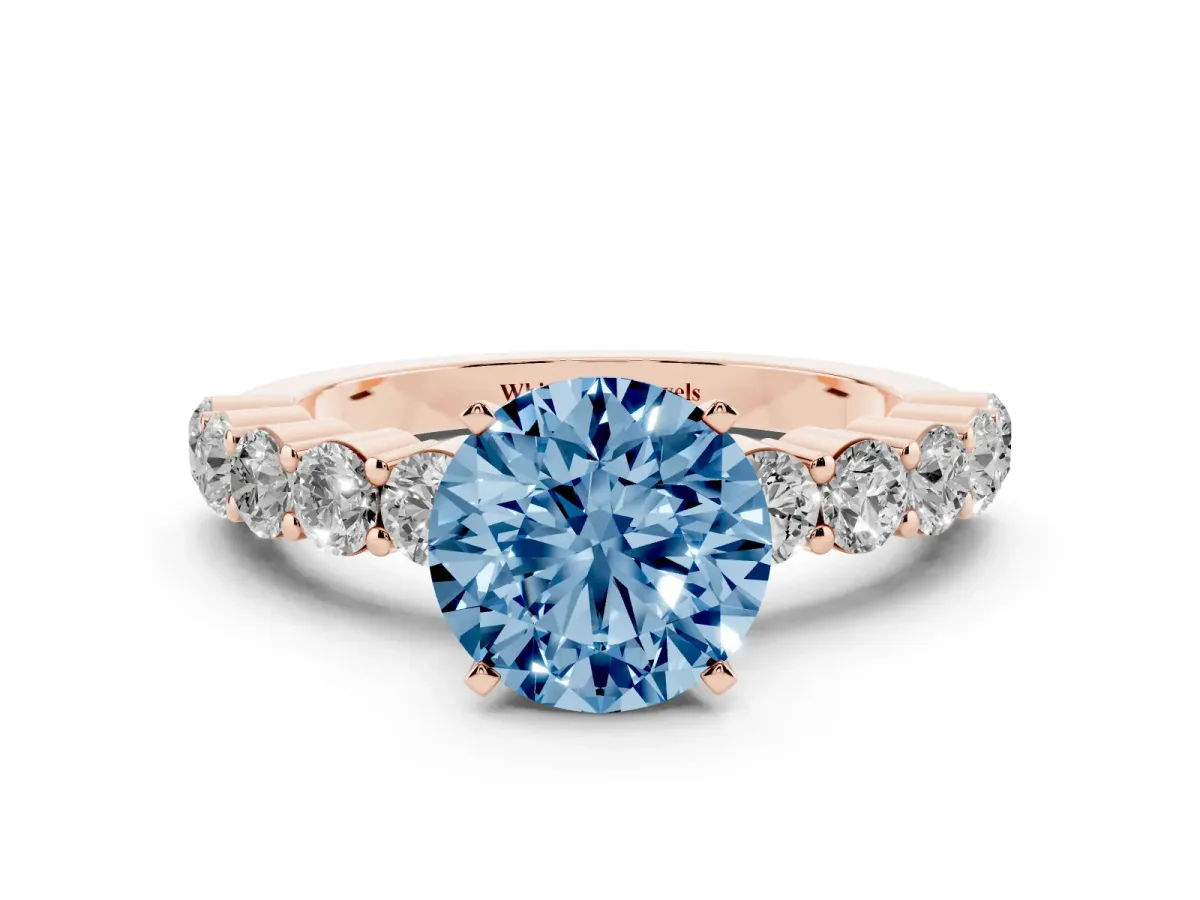 Fancy Blue Round Cut Diamond Solitaire Ring with Shared Prong Round Side Stones Rose gold