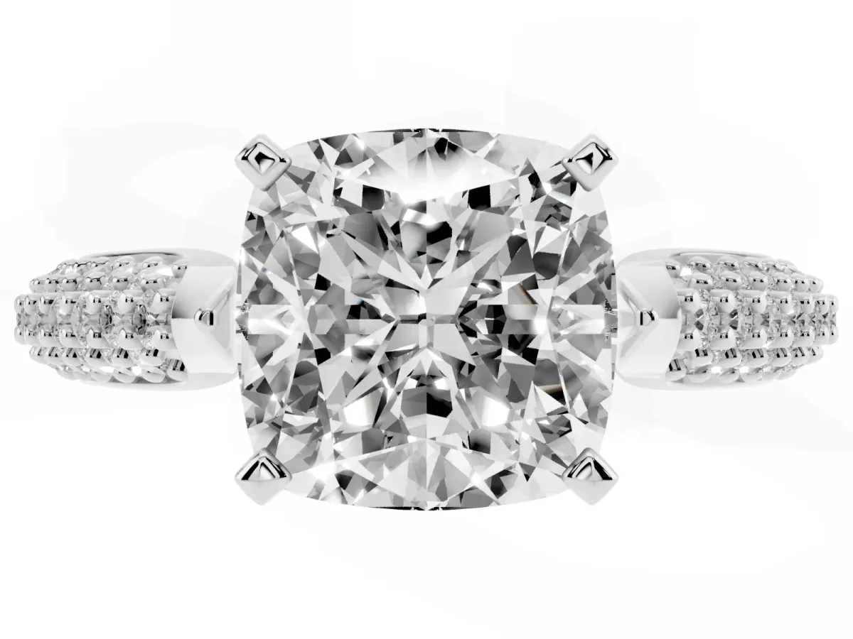 Cushion Cut Diamond Solitaire Engagement Ring with Multi-Row Round Pavé Band and Prong Setting Silver