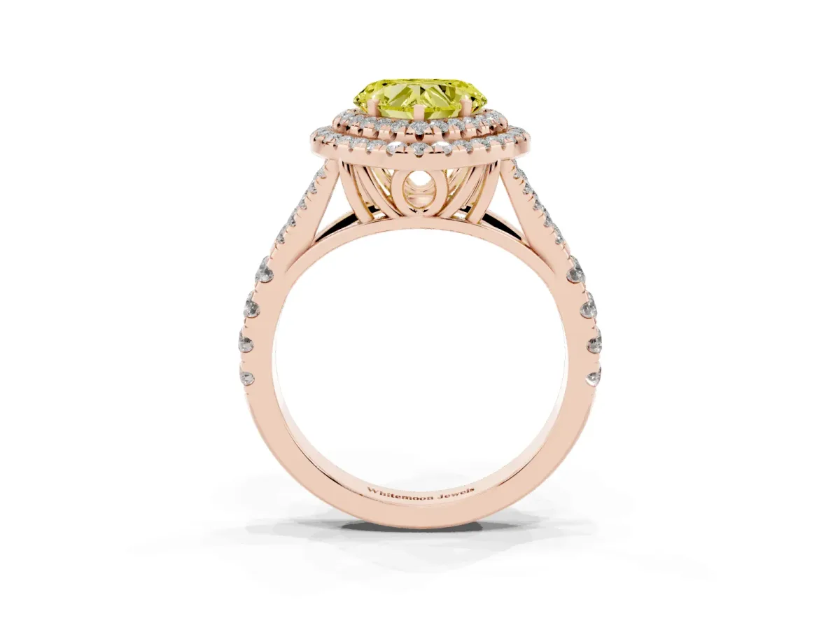 Fancy Yellow Heart Cut Cut Double Halo Split Shank Diamond Ring with Prong Setting Rose gold