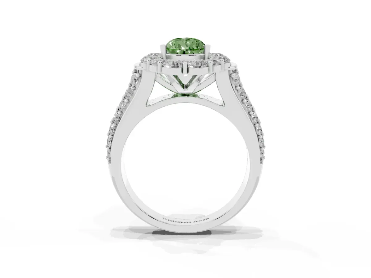 Fancy Green Pear Cut Halo Diamond Engagement Ring with Split Shank and Prong Setting Silver