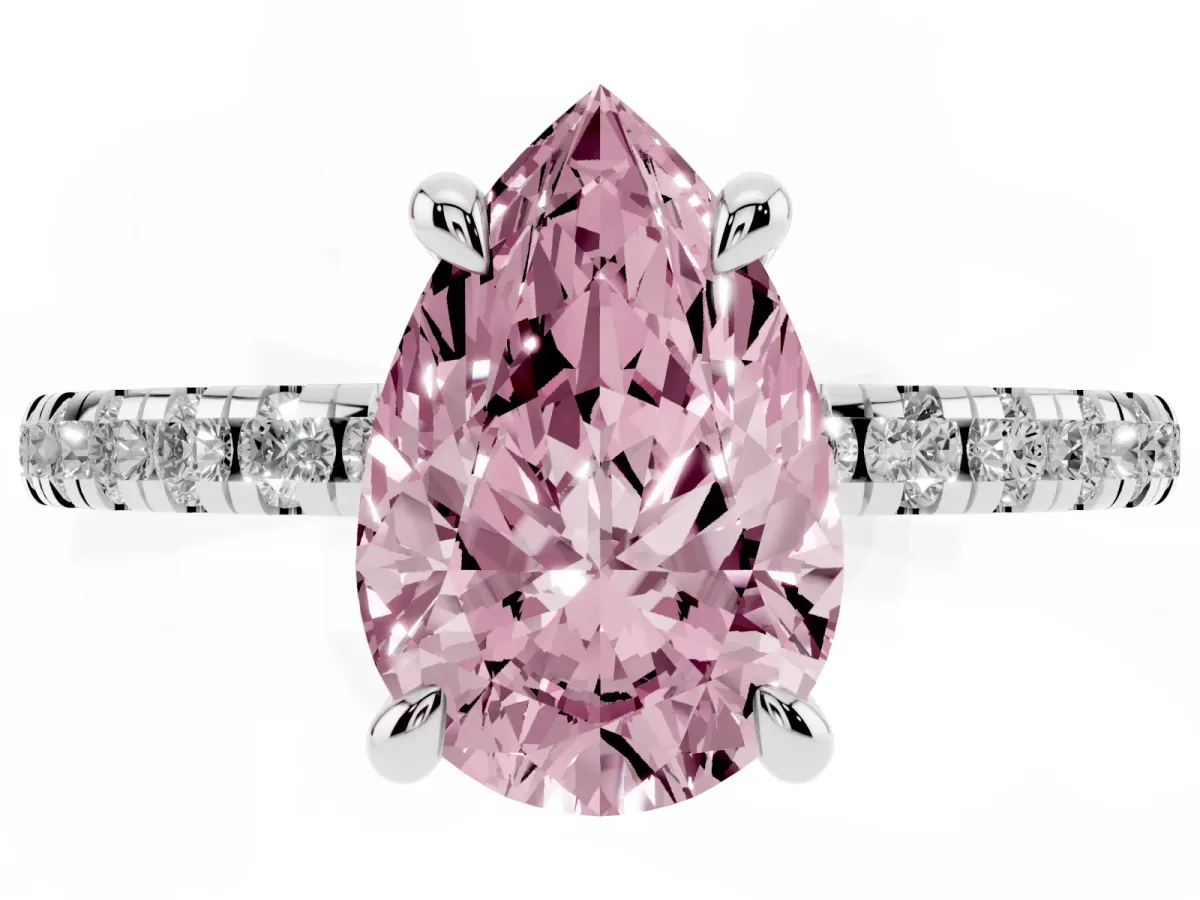 Fancy Pink Pear Cut Diamond Brilliant Solitaire Ring with Pavé Band and Four-Prong Setting Platinum