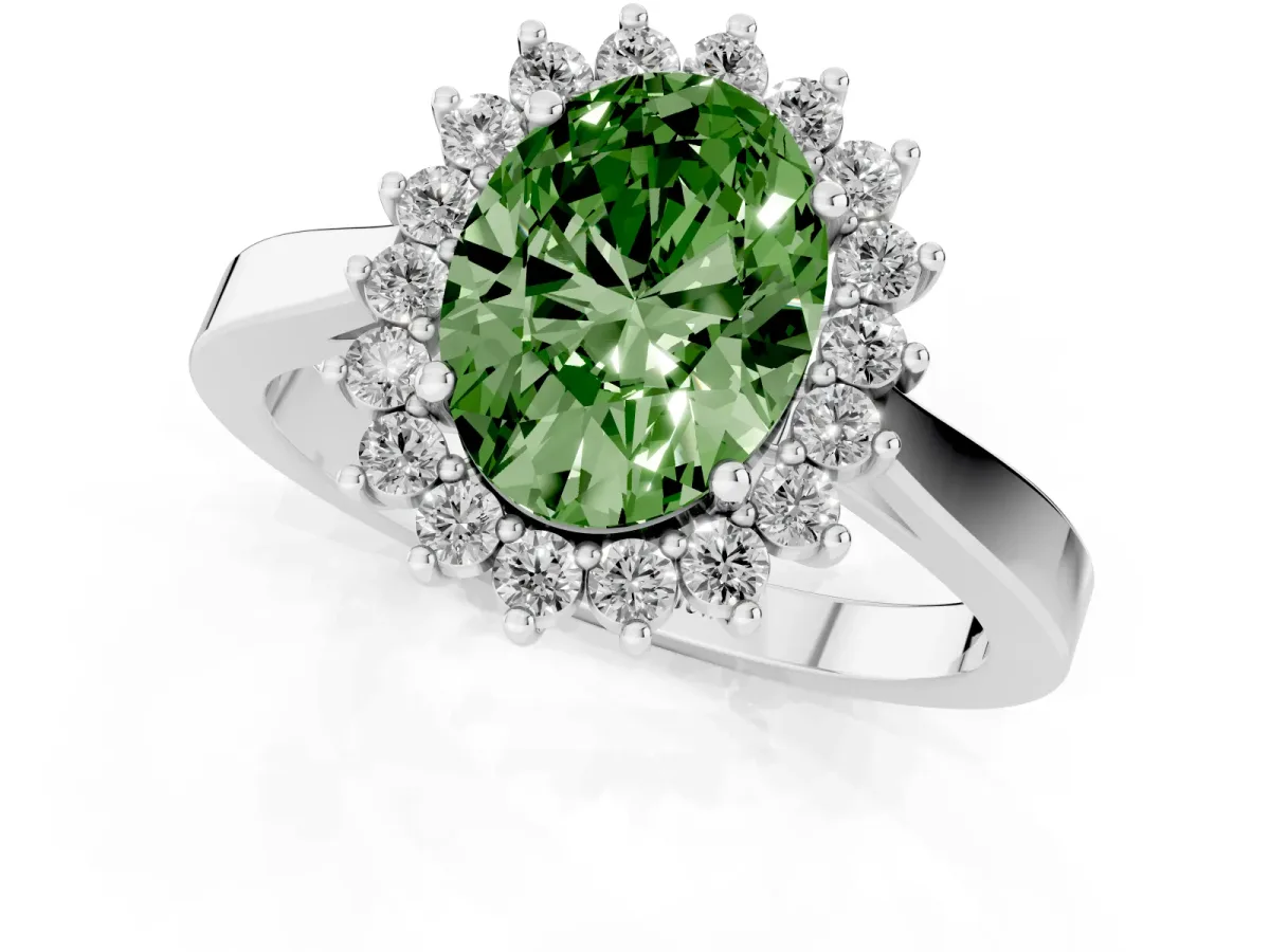 Fancy Green Oval Cut Cut Diamond Halo Ring with Round Brilliant Halo and Solitaire Band Silver