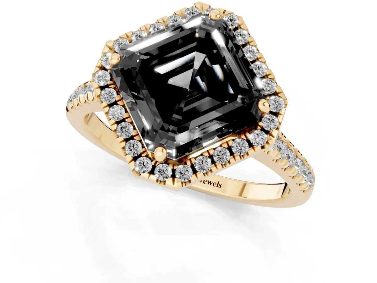 Fancy Black Asscher Cut Diamond Cushion Halo Ring with Pavé Band Yellow gold