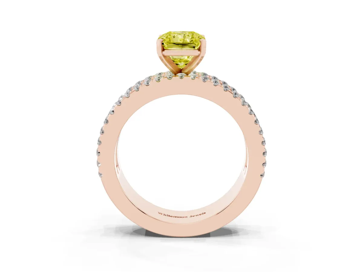 Fancy Yellow Radiant Cut Diamond Solitaire Ring with Pavé and Channel Set Band Rose gold