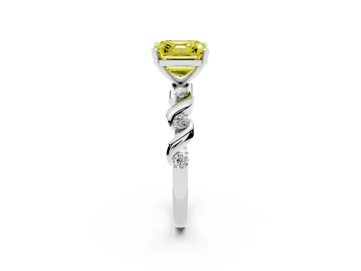 Fancy Yellow Asscher Cut Diamond Solitaire Twisted Band with Round Accents and Prong Setting Platinum