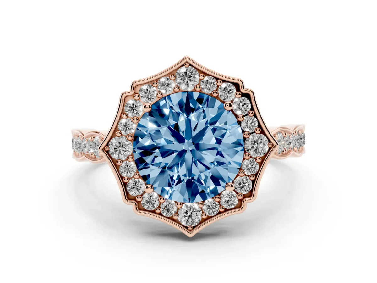 Fancy Blue Round Cut Halo Diamond Engagement Ring with Milgrain Band and Four-Prong Setting Rose gold