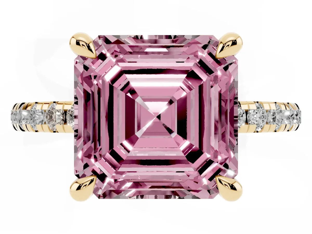 Fancy Pink Asscher Cut Diamond Brilliant Solitaire Ring with Pavé Band and Four-Prong Setting Yellow gold