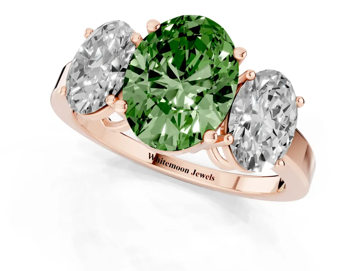 Fancy Green Three-Stone Oval Cut Cut Diamond Engagement Ring with Flat Band and Four-Prong Setting Rose gold