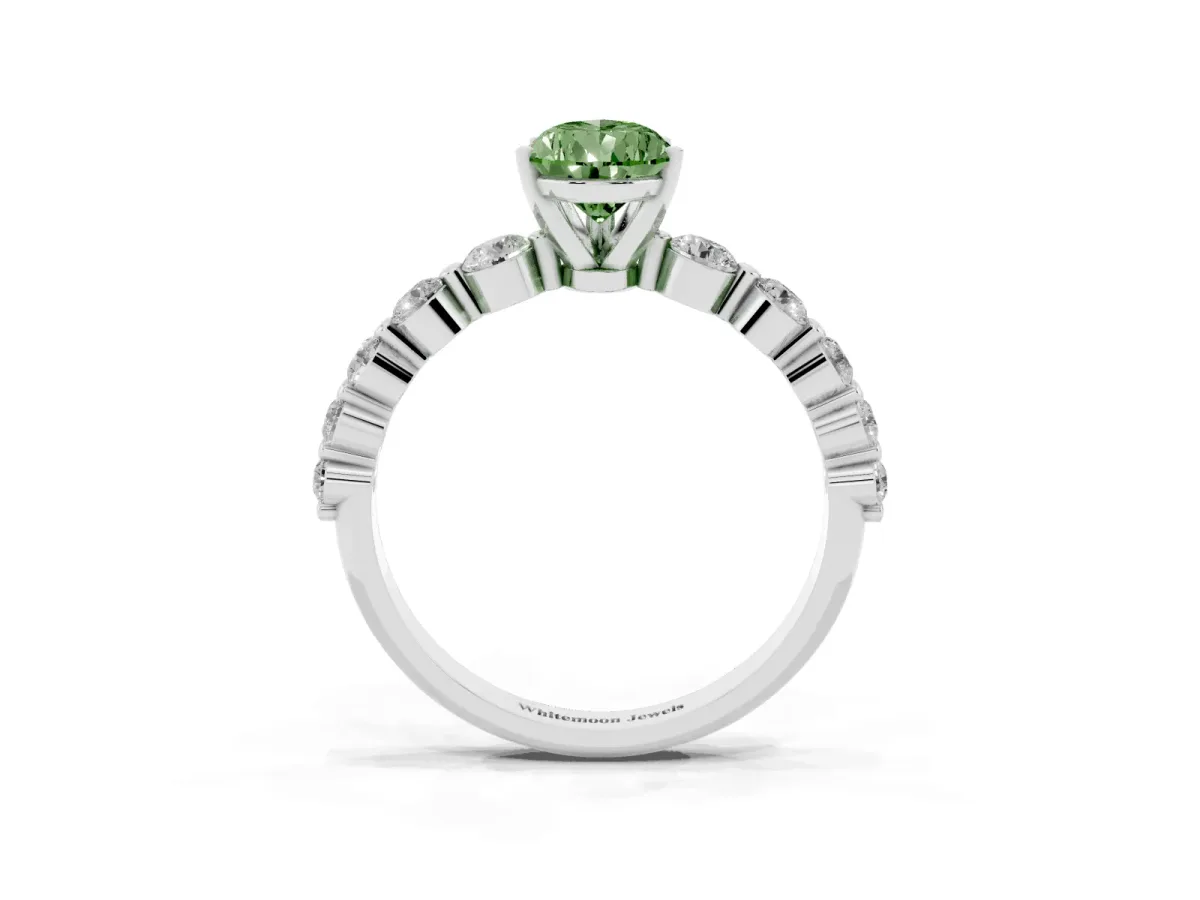 Fancy Green Pear Cut Solitaire Diamond Ring with Pave Band and Four-Prong Setting Silver