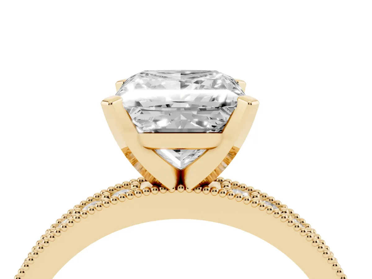 Princess Cut Diamond Milgrain Pavé Engagement Ring with Four-Prong Setting Yellow gold