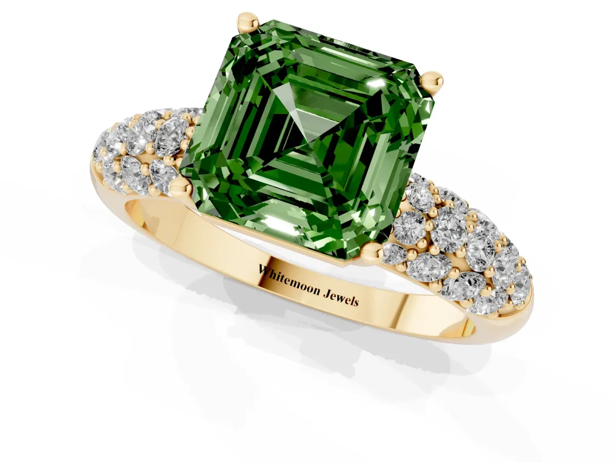 Fancy Green Asscher Cut Diamond Pavé Band Solitaire Ring with Four-Prong Setting Yellow gold