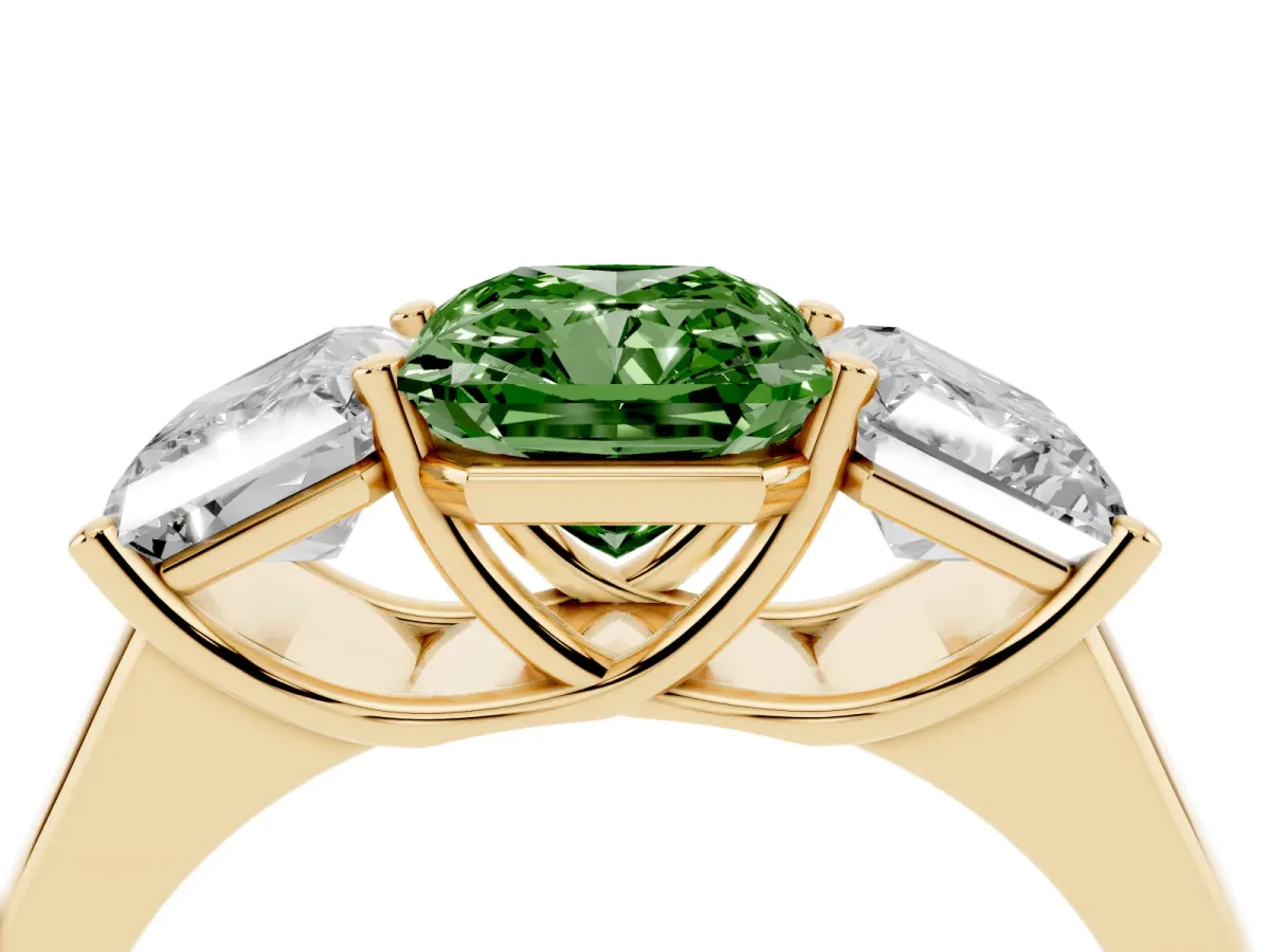 Fancy Green Radiant Cut Three-Stone Diamond Ring with Prong Setting on a Classic Band Yellow gold