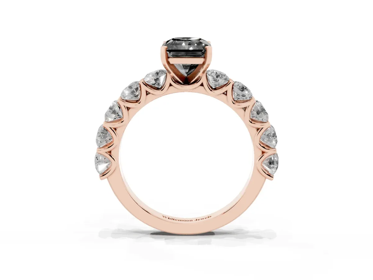 Fancy Black Radiant Cut Diamond Prong Setting with Side Stones on a Pave Band Rose gold
