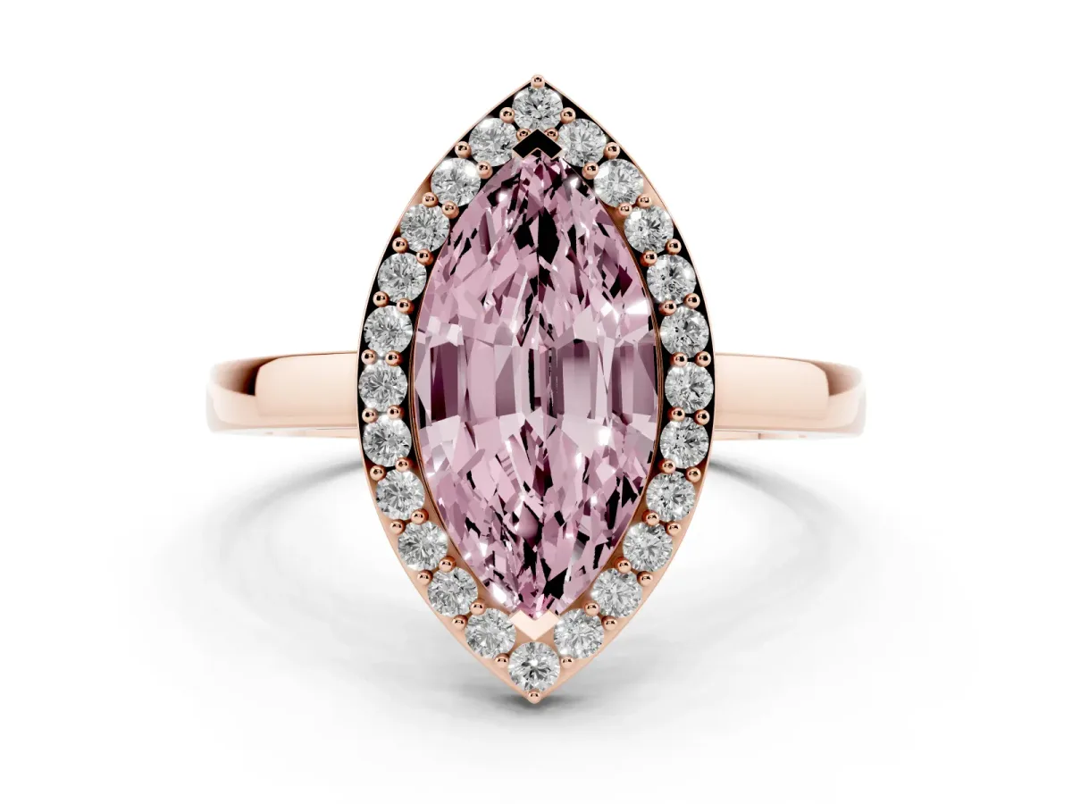 Fancy Pink Marquise Cut Halo Diamond Ring with Solitaire Band and Prong Setting Rose gold