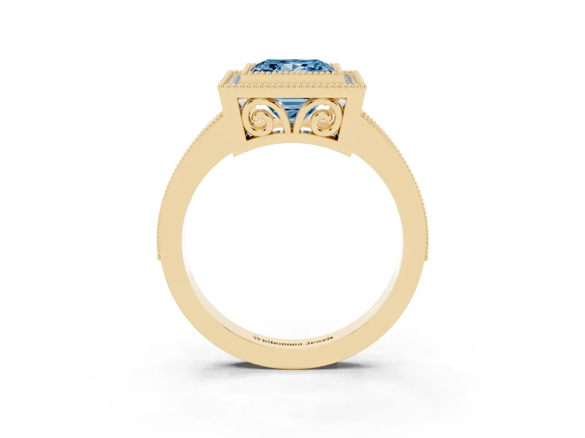 Fancy Blue Princess Cut Cut Halo Diamond Ring with Pavé Band and Milgrain Prong Setting Yellow gold