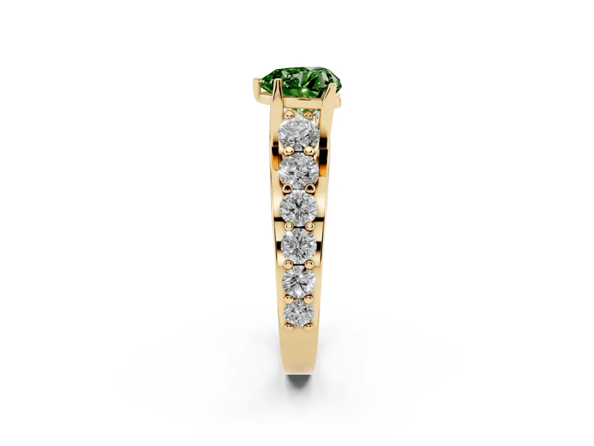 Fancy Green Heart Cut Diamond Engagement Ring with Pavé Band and Four-Prong Setting Yellow gold
