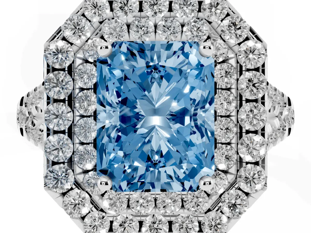 Fancy Blue Double Halo Radiant Cut Diamond Pavé Split Shank Ring with Prong Setting Platinum