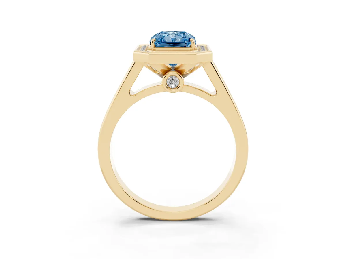 Fancy Blue Radiant Cut Halo Solitaire Diamond Ring with Pave Band and Bezel Setting Yellow gold