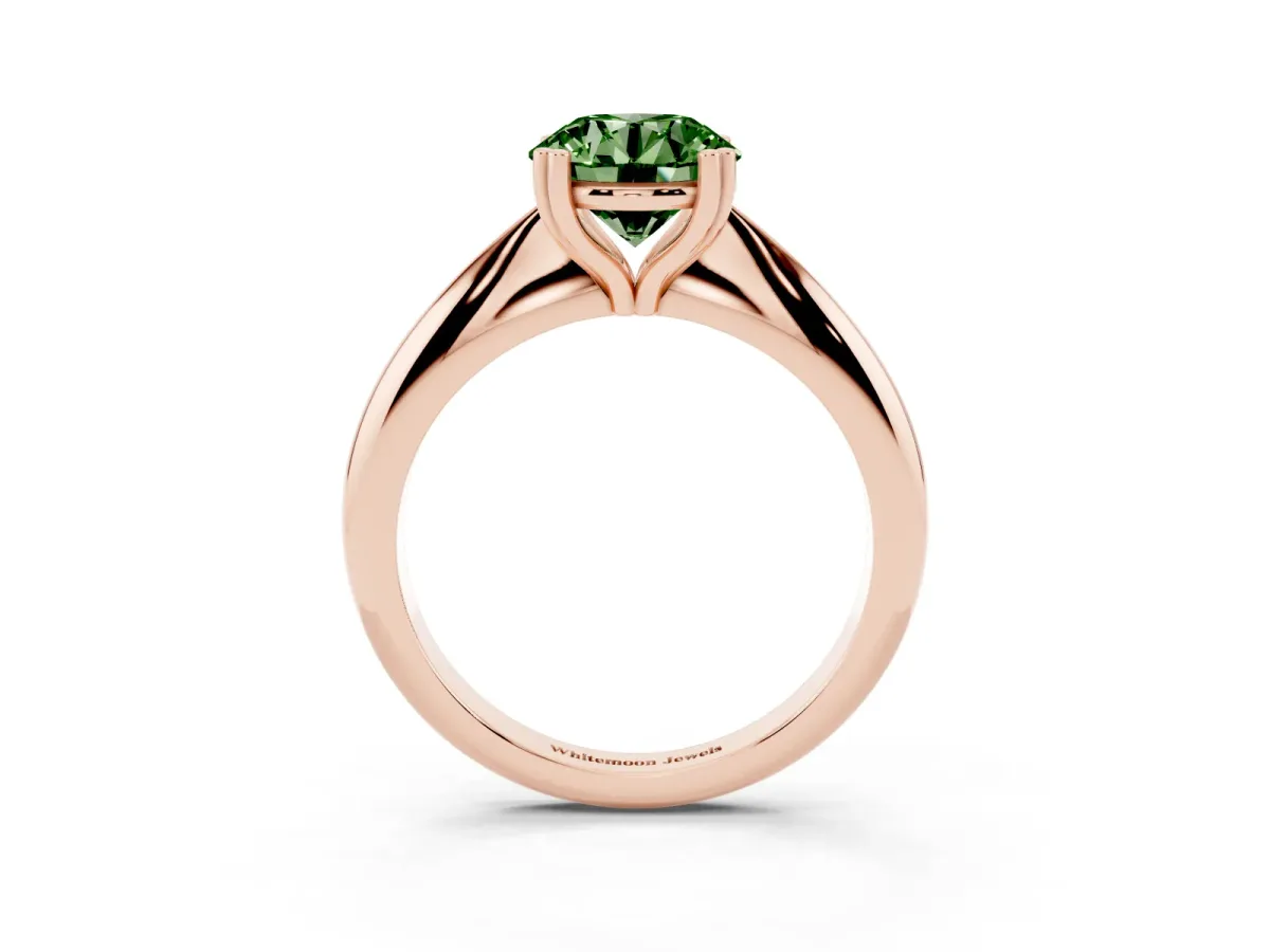 Fancy Green Round Cut Cut Solitaire Engagement Ring with Tapered Band and Four-Prong Setting Rose gold