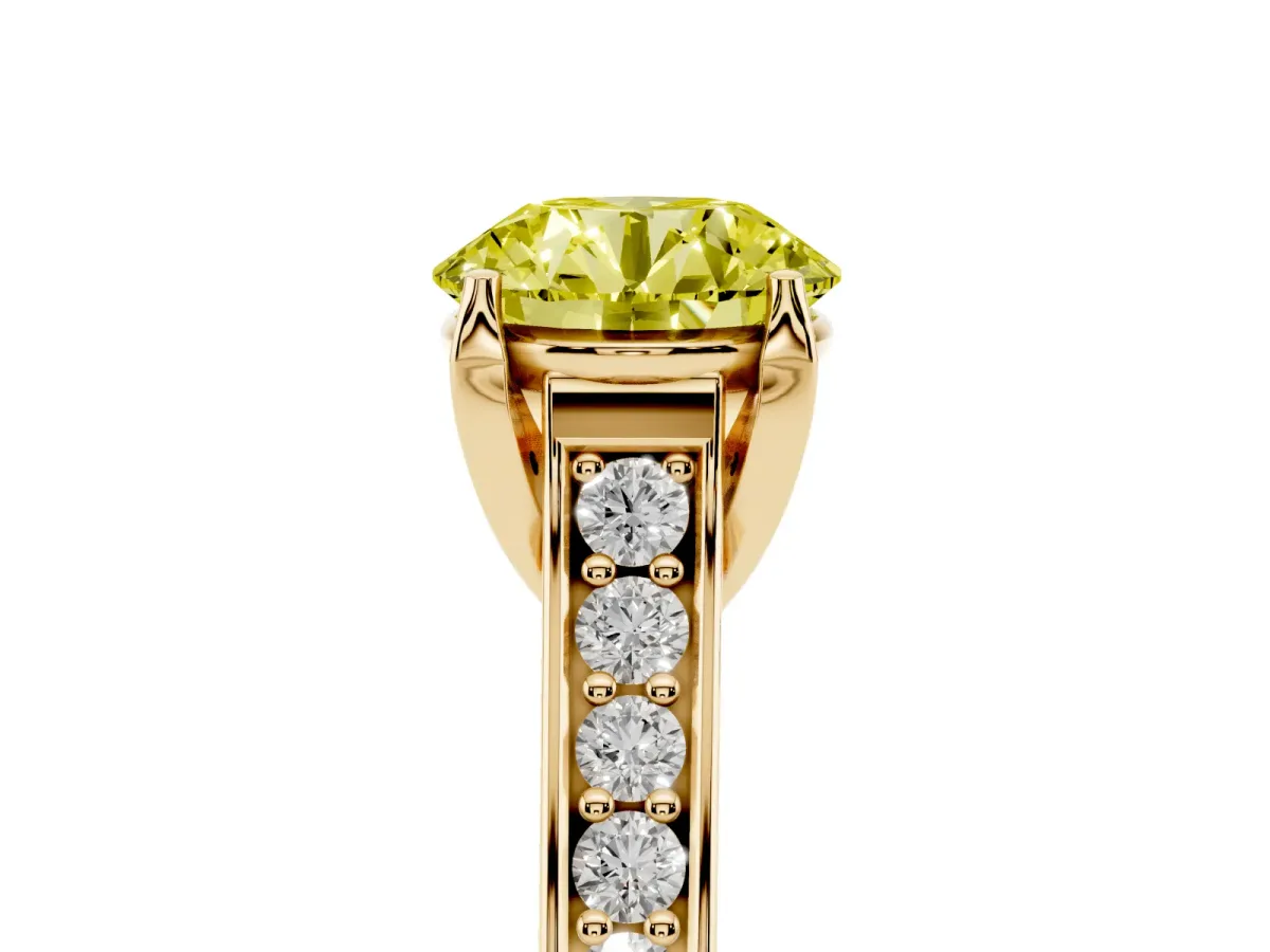 Fancy Yellow Round Cut Brilliant Cut Diamond Engagement Ring with Pavé Band and Four-Prong Setting Yellow gold