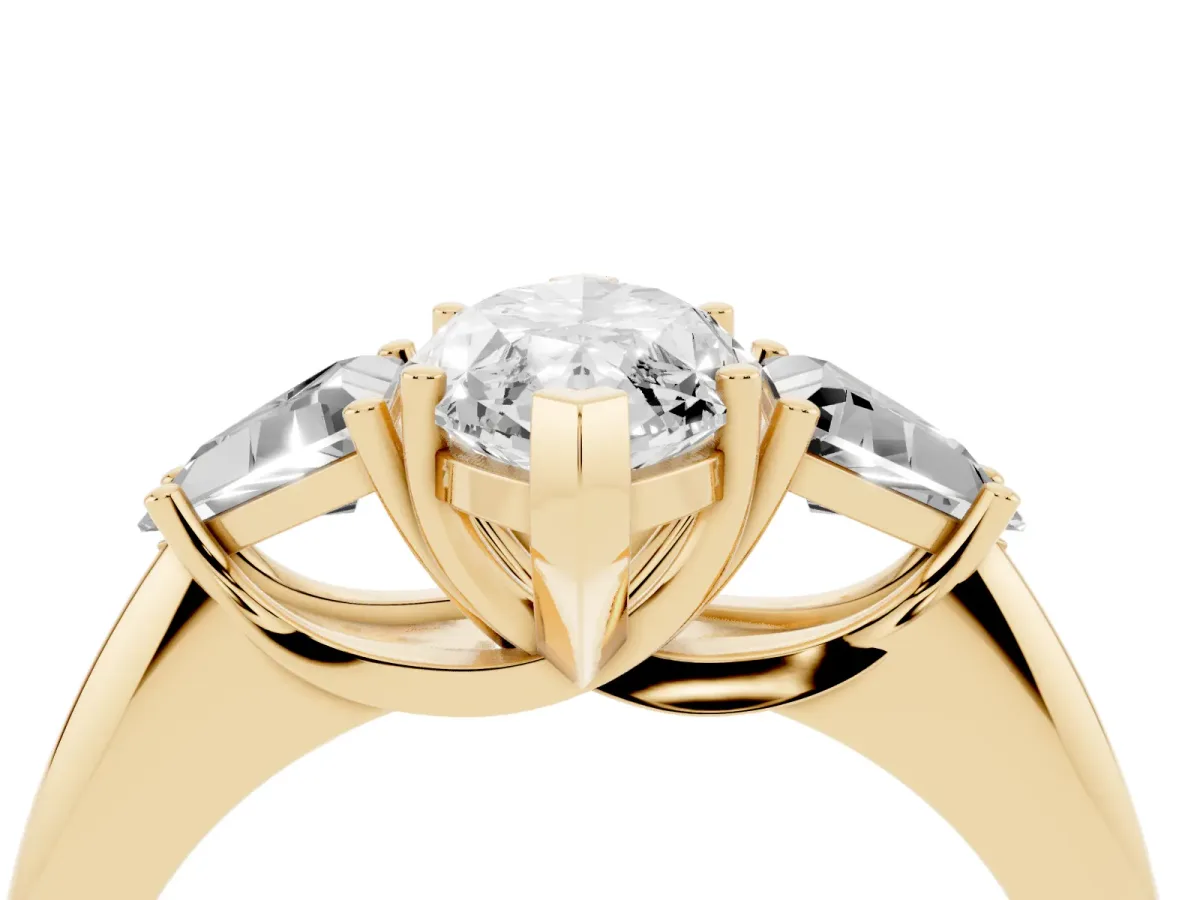 Three-Stone Marquise Cut Diamond Engagement Ring with Trillion Side Stones and Prong Setting Yellow gold
