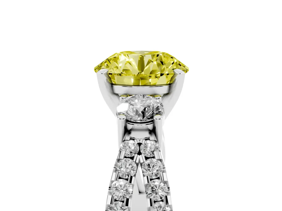 Fancy Yellow Round Cut Diamond Three-Stone Ring with Pavé Split Shank and Four-Prong Setting Silver