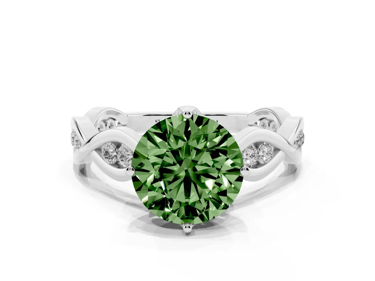Fancy Green Round Cut Solitaire Twist Band with Leaf Prong Setting Platinum