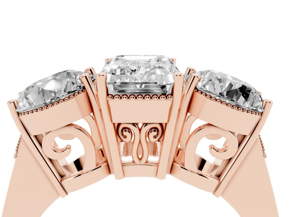 Three-Stone Emerald Cut Diamond Engagement Ring with Prong Setting on a Classic Band Rose gold