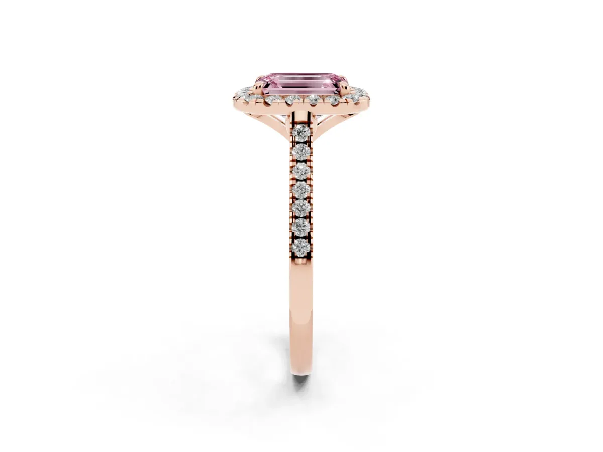 Fancy Pink Emerald Cut Diamond Cushion Halo Ring with Pavé Band Rose gold