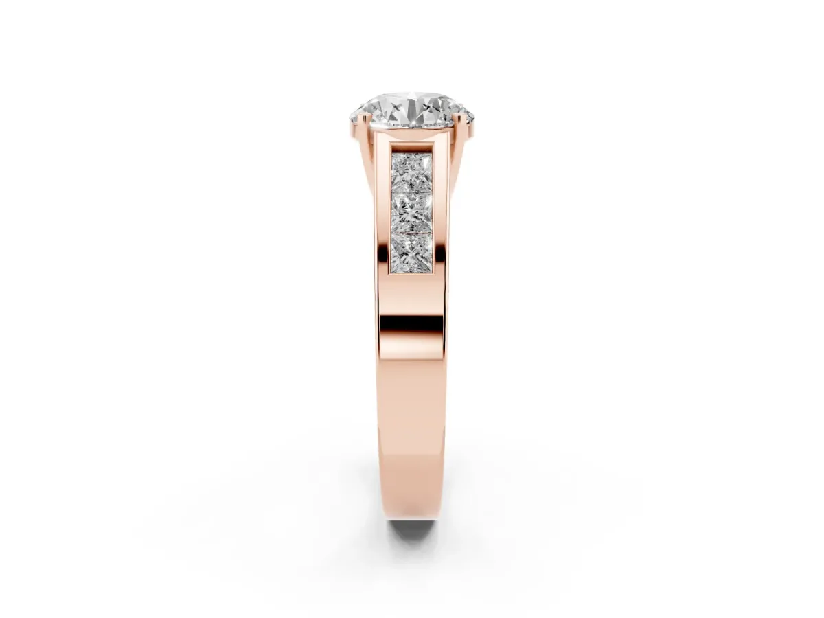 Round Cut Cut Channel Set Solitaire Ring with Four-Prong Setting Rose gold