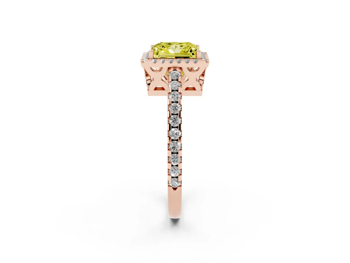 Fancy Yellow Princess Cut Diamond Halo Engagement Ring with Pavé Band and Prong Setting Rose gold