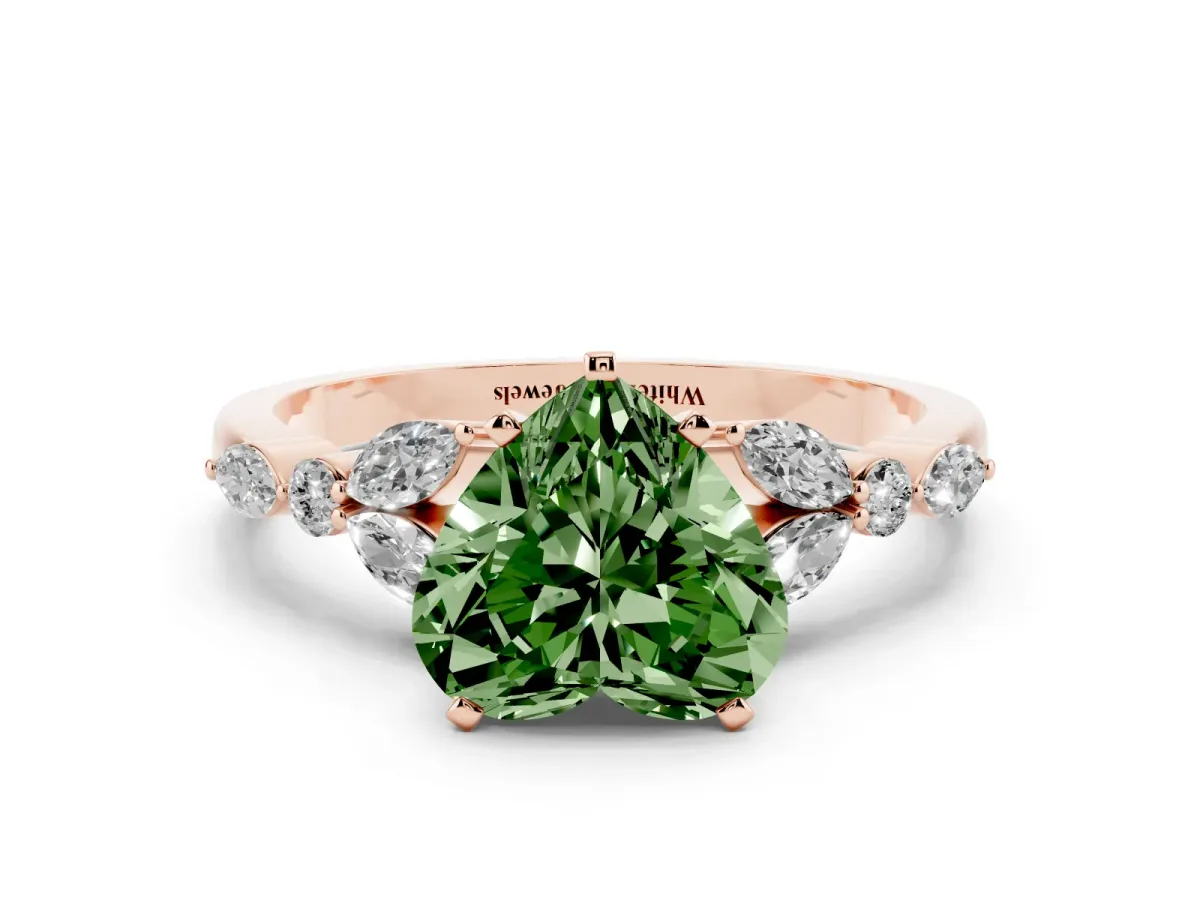 Fancy Green Heart Cut Diamond Solitaire Ring with Side Stones and Four-Prong Setting Rose gold