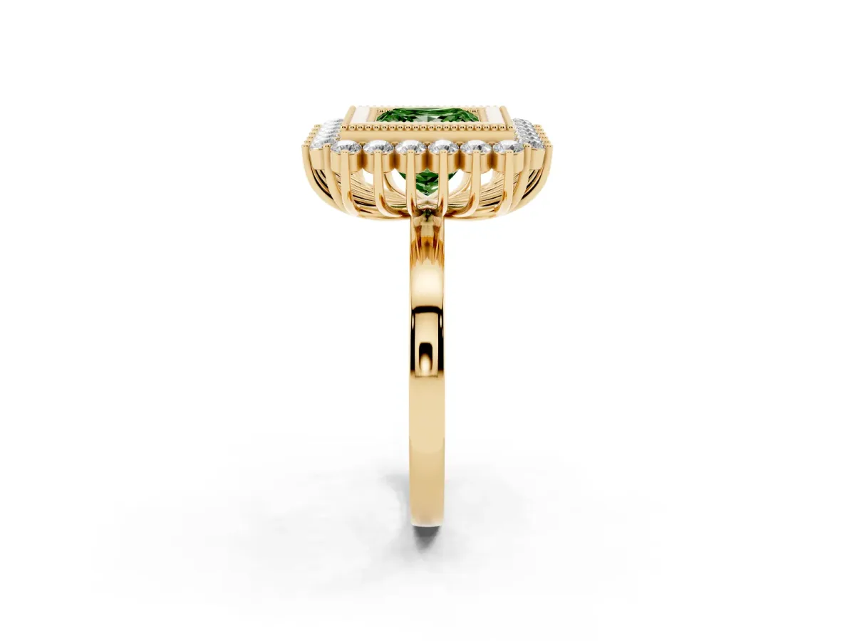 Fancy Green Princess Cut Halo Diamond Ring with Milgrain Edge and Round Prong Setting Yellow gold