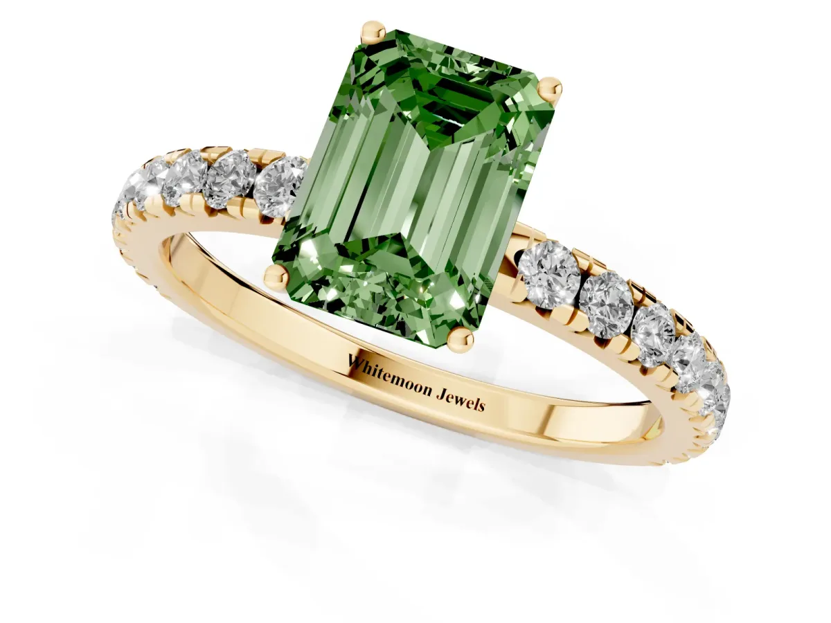 Fancy Green Emerald Cut Diamond Pavé Solitaire Engagement Ring with Four-Prong Setting Yellow gold