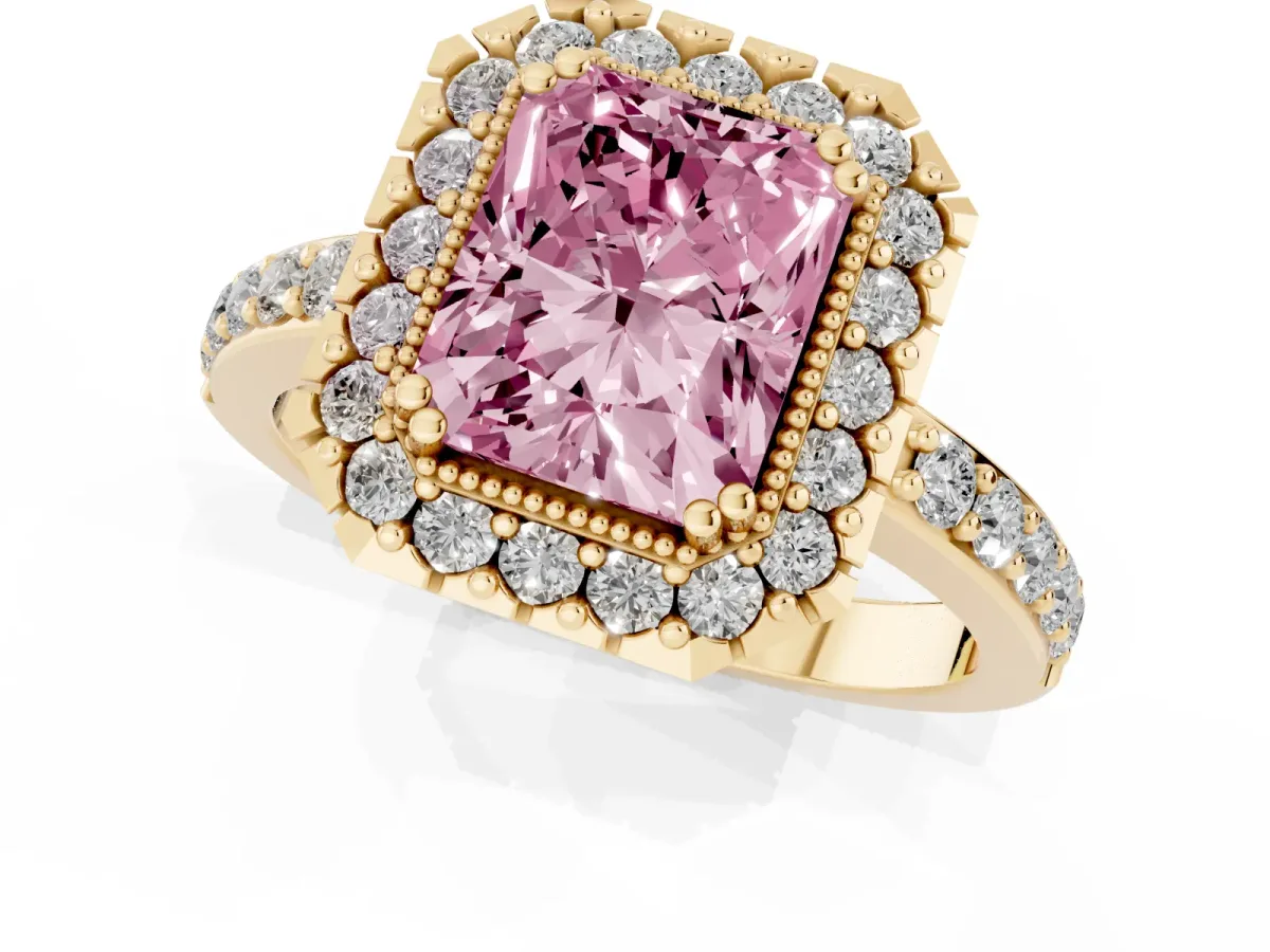Fancy Pink Radiant Cut Diamond Halo Ring with Pavé Band and Prong Setting Yellow gold