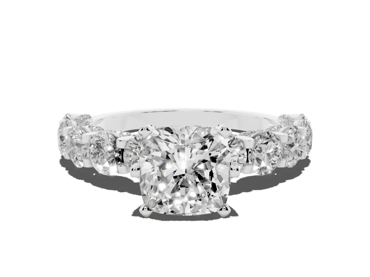 Cushion Cut Diamond Side Stone Engagement Ring with Four-Prong Setting White gold