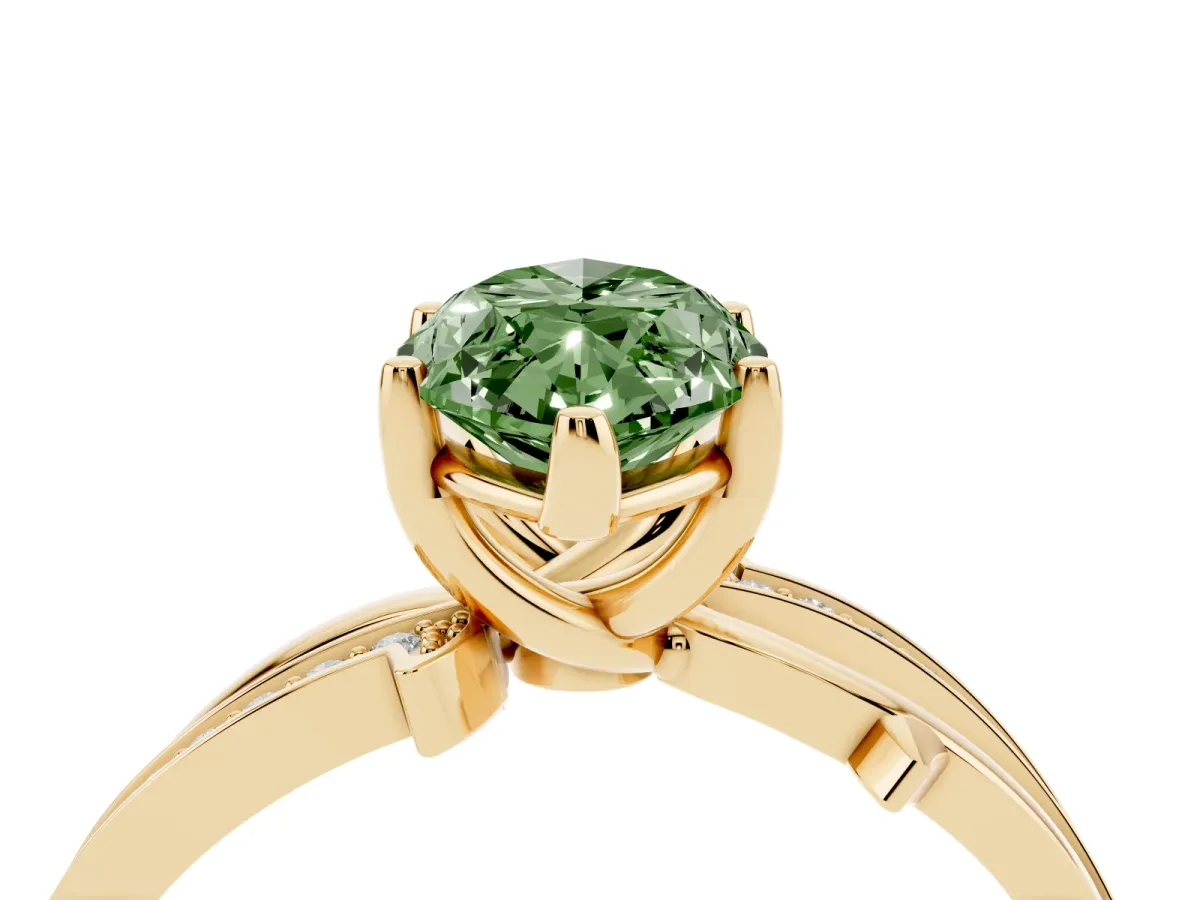 Fancy Green Marquise Cut Solitaire Twist Band with Pavé Accents and Four-Prong Setting Yellow gold