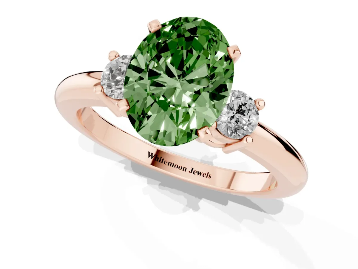 Fancy Green Three-Stone Oval Cut Cut Diamond Solitaire with Prong Setting and Classic Band Rose gold