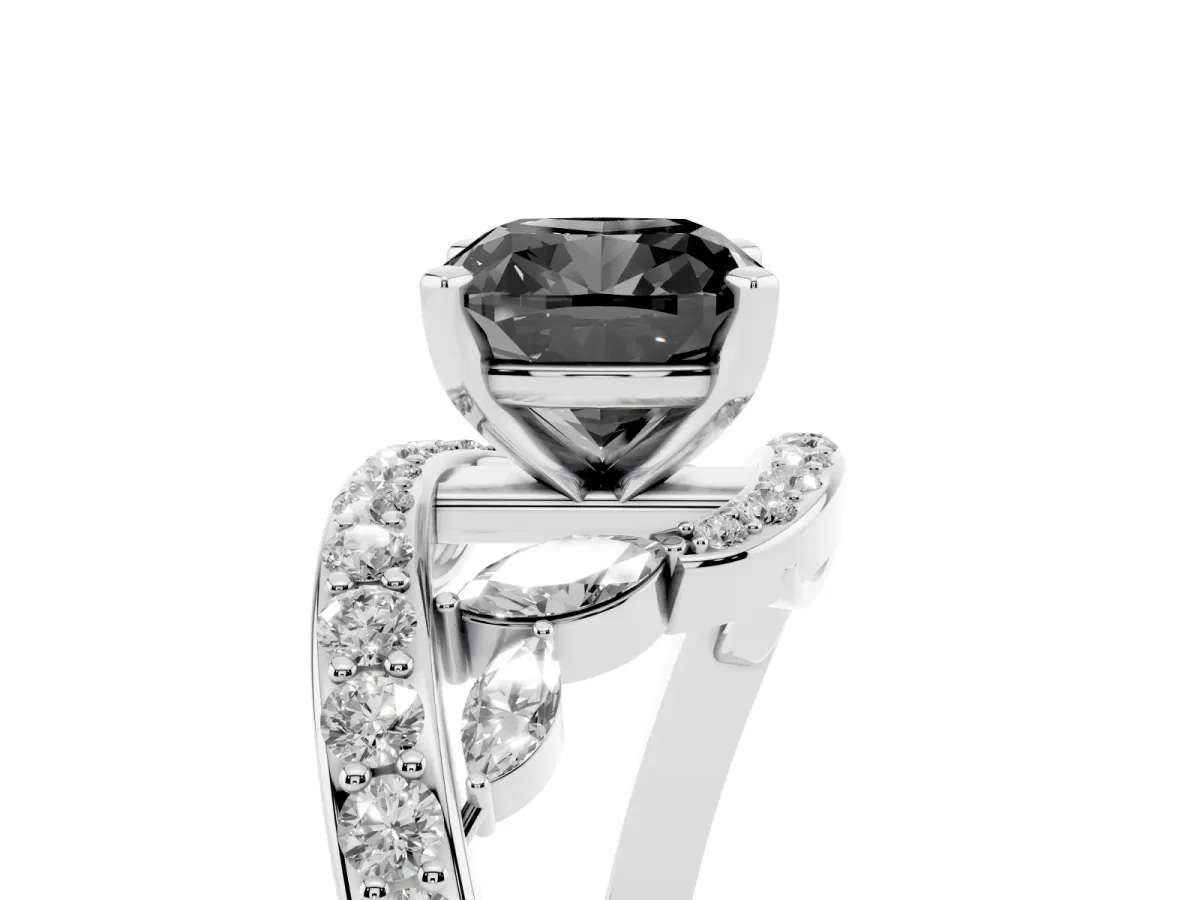 Fancy Black Cushion Cut Diamond Solitaire Ring with Filigree Band and Four-Prong Setting Silver
