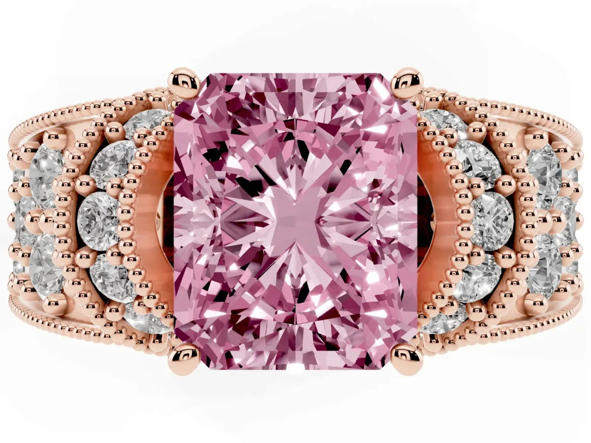 Fancy Pink Radiant Cut Halo Pave Diamond Engagement Ring with Milgrain Detailing Rose gold