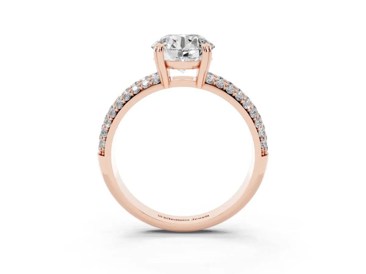 Round Cut Diamond Solitaire Ring with Multi-Row Round Pavé Band and Prong Setting Rose gold