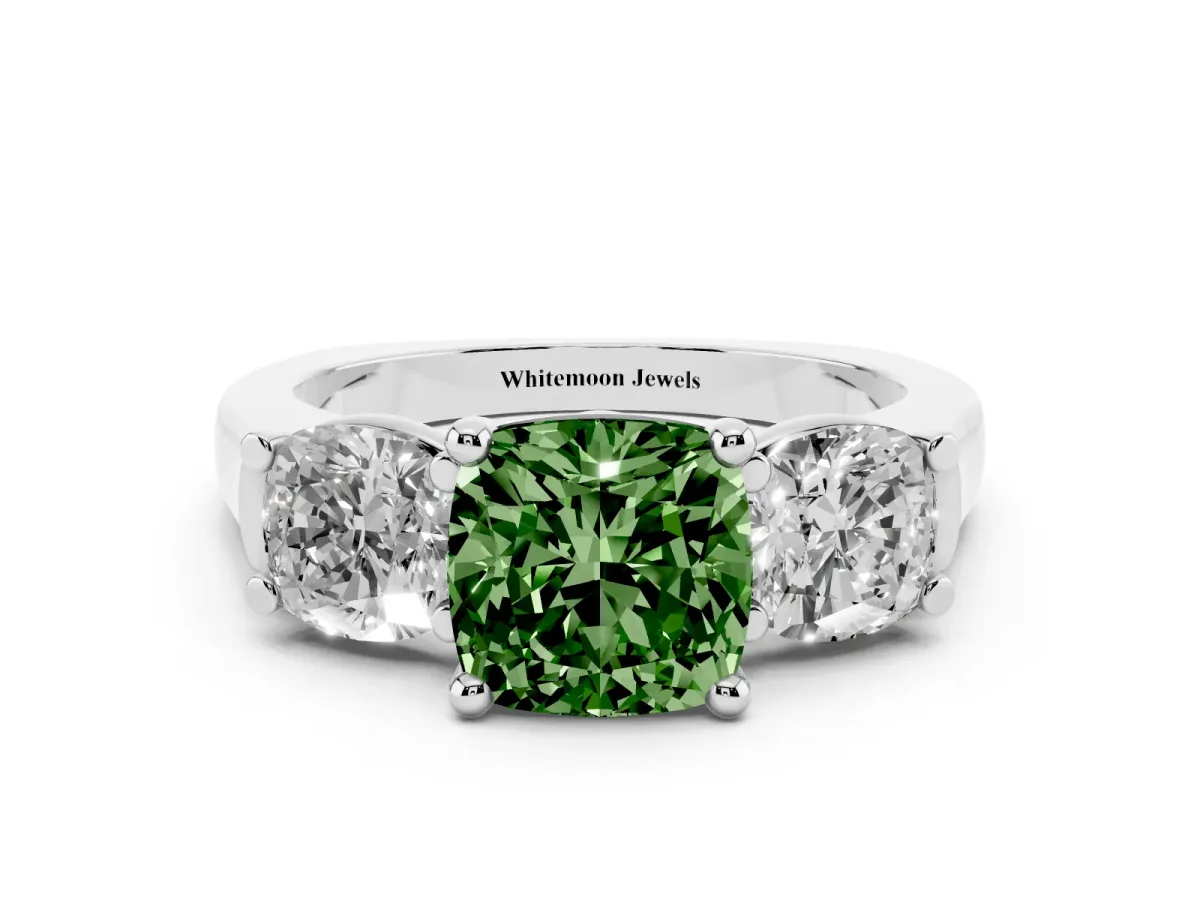 Fancy Green Three-Stone Cushion Cut Brilliant Diamond Trellis Ring with Comfort Fit Band Platinum