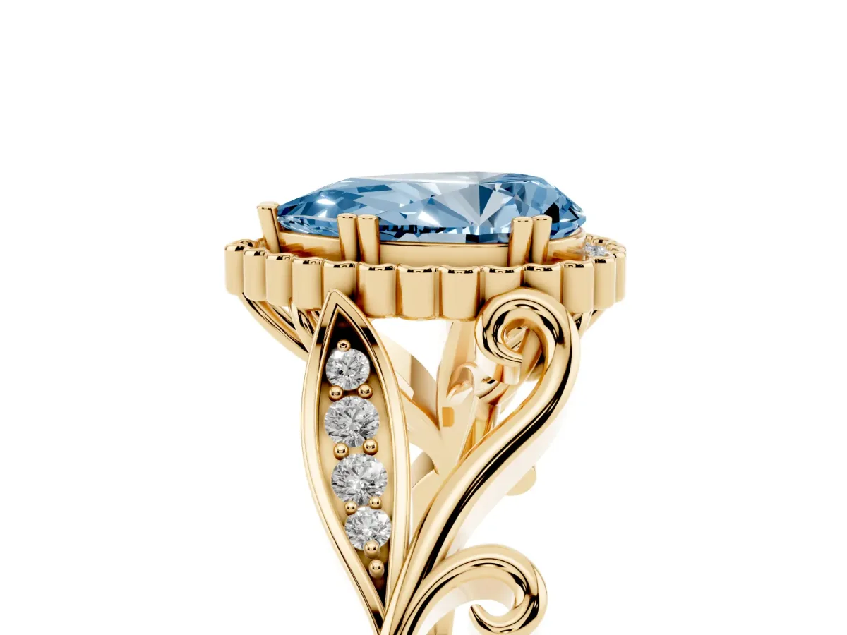 Fancy Blue Pear Cut Diamond Halo Ring with Vintage Split Shank and Four-Prong Setting Yellow gold