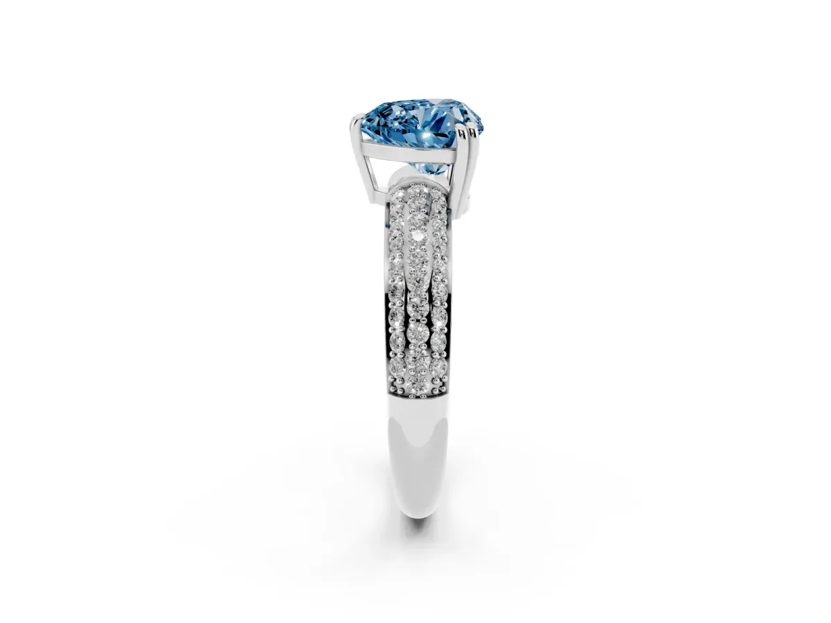 Fancy Blue Heart Cut Diamond Solitaire Ring with Multi-Row Round Pavé Band and Prong Setting Silver