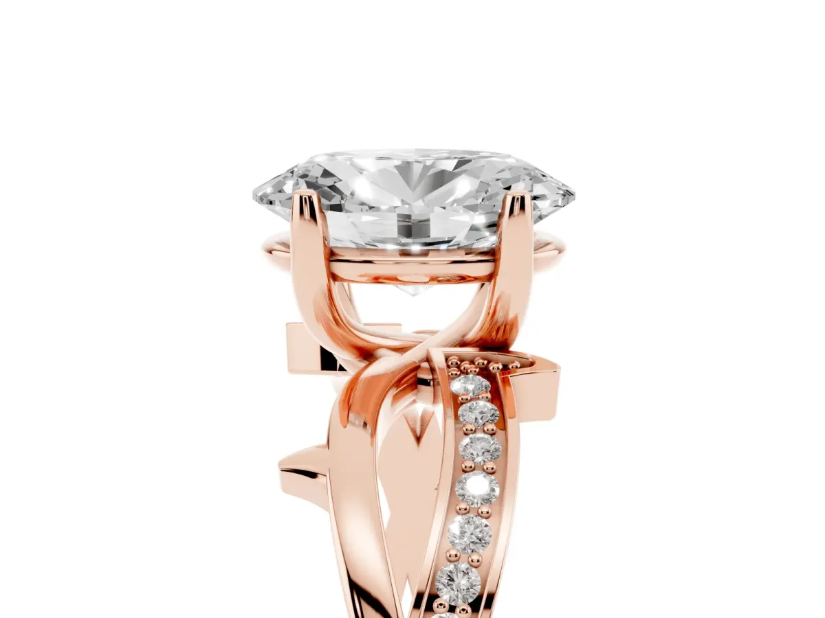 Oval Cut Solitaire Twist Band with Pavé Accents and Four-Prong Setting Rose gold